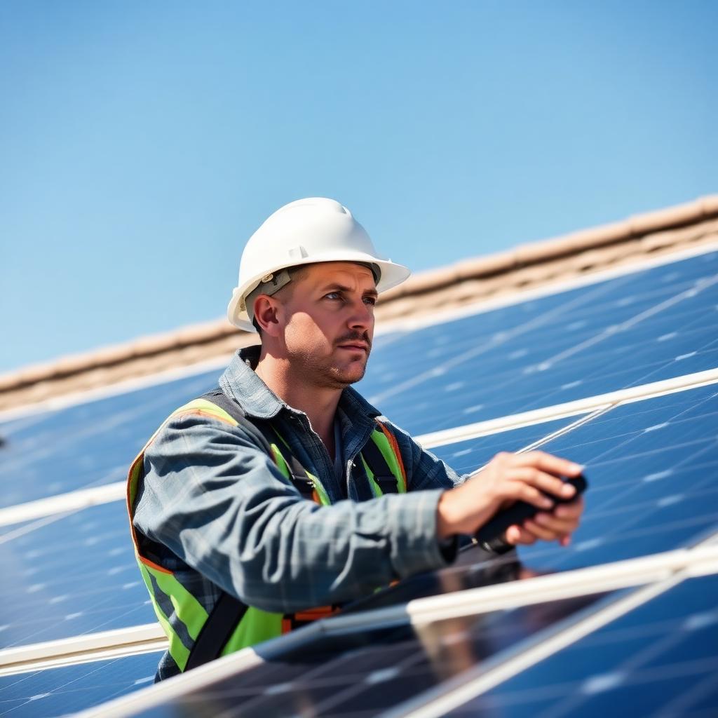Solar technician installing panels on a Southern California rooftop