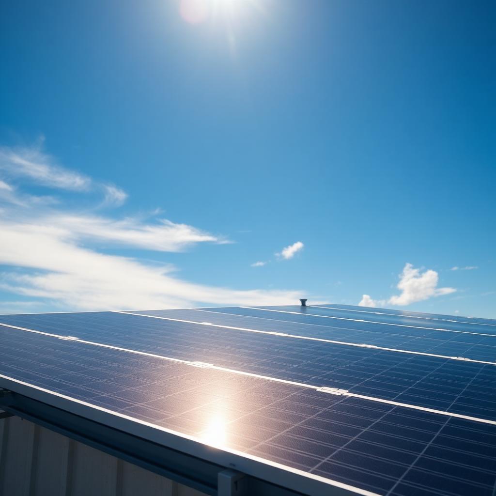 Close-up of a rooftop solar array with sun flare