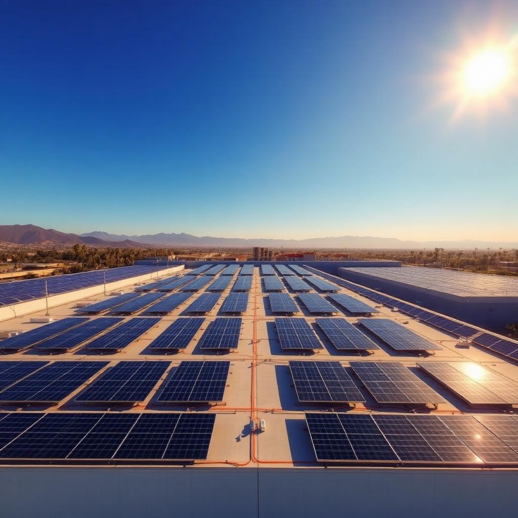 Commercial rooftop solar array under SoCal blue sky