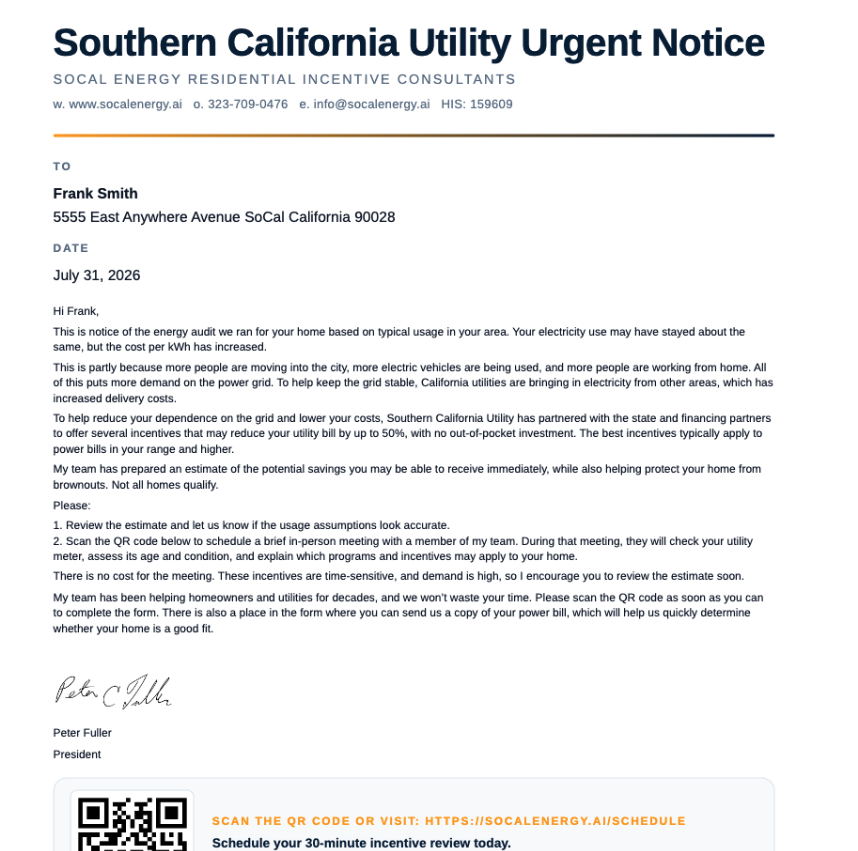California Utility Urgent Notice mailer